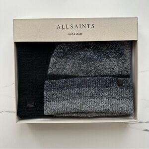 NWT AllSaints Men's Marl Stripe Hat & Scarf Set (Blue, Black, and Gray)
